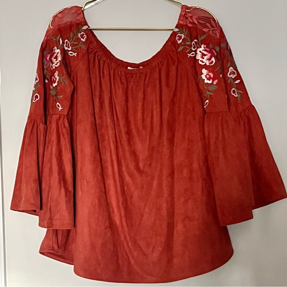 Umgee Rust Orange Brown Embroidered Floral Boho Peasant Cottagecore Top Sz S EUC